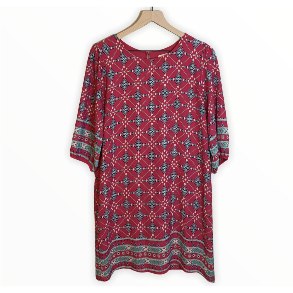 Everly‎ Womens Large Shift Dress Pink Geometric Diamond Print 3/4 Sleeve DR4446